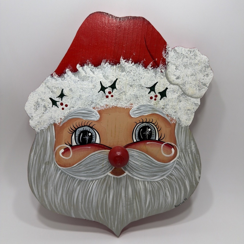 Vintage Wood Hand Painted Santa Clause Music Box Wall Hanger St Nick Christmas